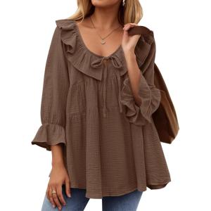 ZESICA Womens Scoop Neck 3/4 Length Sleeve Tops 2026 Casual Tie Front Ruffle Tiered Loose Tunic Shirts Blouses Fall Outfits(Brown)
