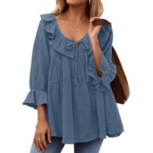 ZESICA Womens Scoop Neck 3/4 Length Sleeve Tops 2026 Casual Tie Front Ruffle Tiered Loose Tunic Shirts Blouses Fall Outfits(Dusty Blue)