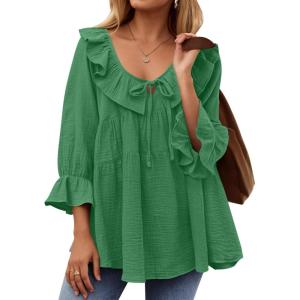ZESICA Womens Scoop Neck 3/4 Length Sleeve Tops 2026 Casual Tie Front Ruffle Tiered Loose Tunic Shirts Blouses Fall Outfits(Green)