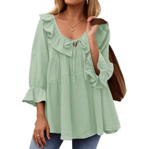 ZESICA Womens Scoop Neck 3/4 Length Sleeve Tops 2026 Casual Tie Front Ruffle Tiered Loose Tunic Shirts Blouses Fall Outfits(Mint Green)