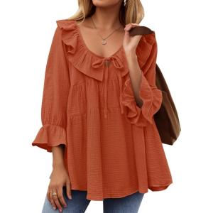 ZESICA Womens Scoop Neck 3/4 Length Sleeve Tops 2026 Casual Tie Front Ruffle Tiered Loose Tunic Shirts Blouses Fall Outfits(Orange Red)