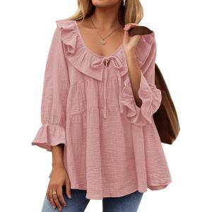 ZESICA Womens Scoop Neck 3/4 Length Sleeve Tops 2026 Casual Tie Front Ruffle Tiered Loose Tunic Shirts Blouses Fall Outfits(Pink)