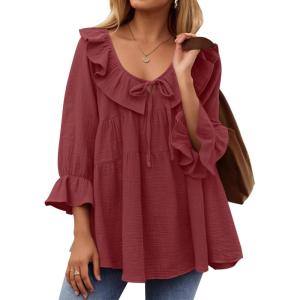 ZESICA Womens Scoop Neck 3/4 Length Sleeve Tops 2026 Casual Tie Front Ruffle Tiered Loose Tunic Shirts Blouses Fall Outfits(Wine Red)