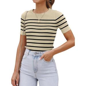 ZESICA Women’s Short Sleeve Crewneck Striped T Shirt 2026 Summer Ribbed Knit Slim Fit Casual Basic Tee Tops(Almond)