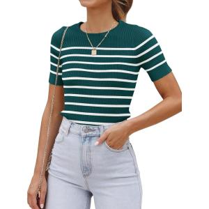 ZESICA Women’s Short Sleeve Crewneck Striped T Shirt 2026 Summer Ribbed Knit Slim Fit Casual Basic Tee Tops(Teal)