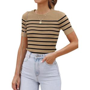 ZESICA Women’s Short Sleeve Crewneck Striped T Shirt 2026 Summer Ribbed Knit Slim Fit Casual Basic Tee Tops(Toffee)