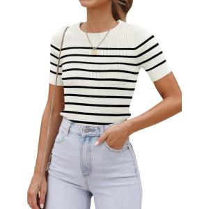 ZESICA Women’s Short Sleeve Crewneck Striped T Shirt 2026 Summer Ribbed Knit Slim Fit Casual Basic Tee Tops(White)