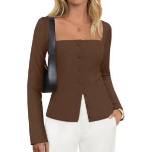 ZESICA Women’s Spring Square Neck Blazers 2026 Casual Long Sleeve Button Up Work Business Fitted Blazer Jackets(Brown)