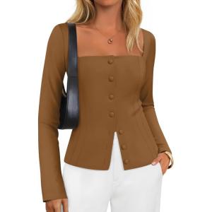 ZESICA Women’s Spring Square Neck Blazers 2026 Casual Long Sleeve Button Up Work Business Fitted Blazer Jackets(Goldenbrown)