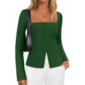 ZESICA Women’s Spring Square Neck Blazers 2026 Casual Long Sleeve Button Up Work Business Fitted Blazer Jackets(Green)
