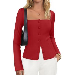 ZESICA Women’s Spring Square Neck Blazers 2026 Casual Long Sleeve Button Up Work Business Fitted Blazer Jackets(Red)