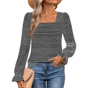 ZESICA Women’s Square Neck Tops Puff Long Sleeve Shirts Fall Fashion 2026 Clothes(Black)