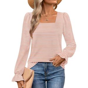 ZESICA Women’s Square Neck Tops Puff Long Sleeve Shirts Fall Fashion 2026 Clothes(Pink)
