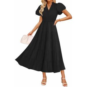 ZESICA Women’s Summer Casual Maxi Dress 2026 Puff Short Sleeve V Neck Ruffle Tiered Flowy Boho Beach Dresses(Black)
