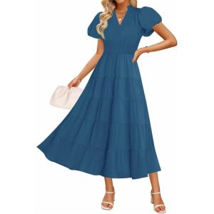 ZESICA Women’s Summer Casual Maxi Dress 2026 Puff Short Sleeve V Neck Ruffle Tiered Flowy Boho Beach Dresses(Darkblue)