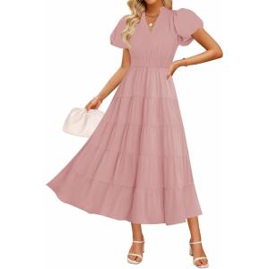 ZESICA Women’s Summer Casual Maxi Dress 2026 Puff Short Sleeve V Neck Ruffle Tiered Flowy Boho Beach Dresses(Dustypink)