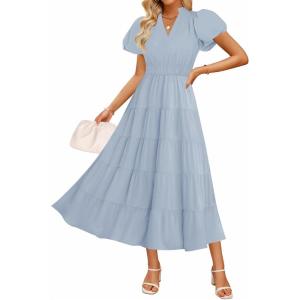 ZESICA Women’s Summer Casual Maxi Dress 2026 Puff Short Sleeve V Neck Ruffle Tiered Flowy Boho Beach Dresses(Lightblue)