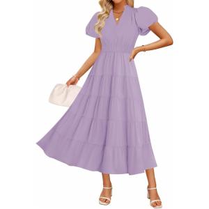 ZESICA Women’s Summer Casual Maxi Dress 2026 Puff Short Sleeve V Neck Ruffle Tiered Flowy Boho Beach Dresses(Lilac)