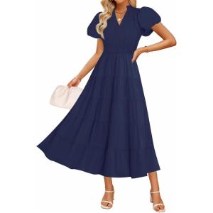 ZESICA Women’s Summer Casual Maxi Dress 2026 Puff Short Sleeve V Neck Ruffle Tiered Flowy Boho Beach Dresses(Navy)