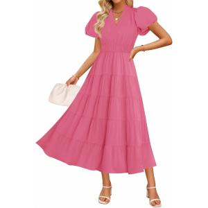 ZESICA Women’s Summer Casual Maxi Dress 2026 Puff Short Sleeve V Neck Ruffle Tiered Flowy Boho Beach Dresses(Rose)