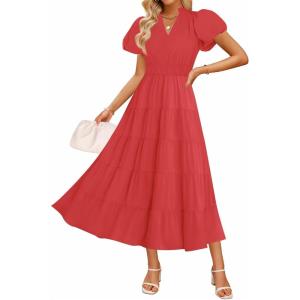 ZESICA Women’s Summer Casual Maxi Dress 2026 Puff Short Sleeve V Neck Ruffle Tiered Flowy Boho Beach Dresses(Watermelon)