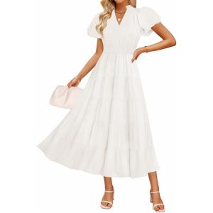 ZESICA Women’s Summer Casual Maxi Dress 2026 Puff Short Sleeve V Neck Ruffle Tiered Flowy Boho Beach Dresses(White)