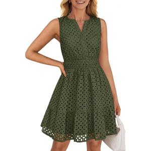 ZESICA Women’s Summer Sleeveless Mini Dress V Neck Hollow Out Eyelet Flowy A Line Beach Vacation Party Short Dresses(Armygreen)