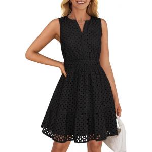 ZESICA Women’s Summer Sleeveless Mini Dress V Neck Hollow Out Eyelet Flowy A Line Beach Vacation Party Short Dresses(Black)
