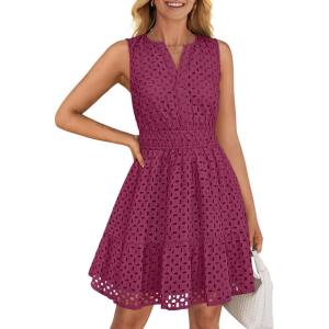 ZESICA Women’s Summer Sleeveless Mini Dress V Neck Hollow Out Eyelet Flowy A Line Beach Vacation Party Short Dresses(Fuchsia)