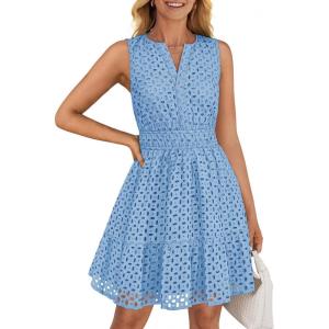 ZESICA Women’s Summer Sleeveless Mini Dress V Neck Hollow Out Eyelet Flowy A Line Beach Vacation Party Short Dresses(Lightblue)