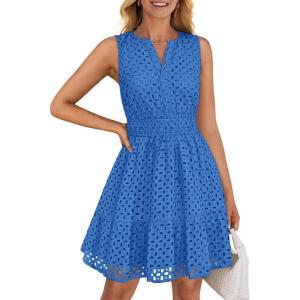 ZESICA Women’s Summer Sleeveless Mini Dress V Neck Hollow Out Eyelet Flowy A Line Beach Vacation Party Short Dresses(Royal Blue)