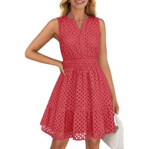 ZESICA Women’s Summer Sleeveless Mini Dress V Neck Hollow Out Eyelet Flowy A Line Beach Vacation Party Short Dresses(Watermelon)