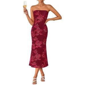 ZESICA Women’s Summer Strapless Floral Midi Dress 2026 Bodycon Mesh Tube Wedding Guest Cocktail Party Long Dresses(Red)