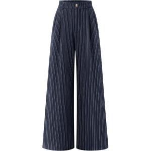 ZESICA Women’s Wide Leg Striped Palazzo Pants 2026 Casual High Waist Straight Business Work Dressy Trousers with Pockets(Navy)