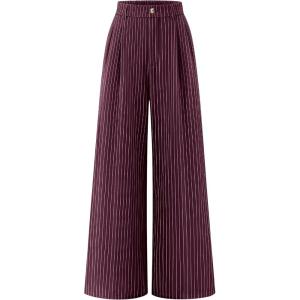 ZESICA Women’s Wide Leg Striped Palazzo Pants 2026 Casual High Waist Straight Business Work Dressy Trousers with Pockets(Wine)