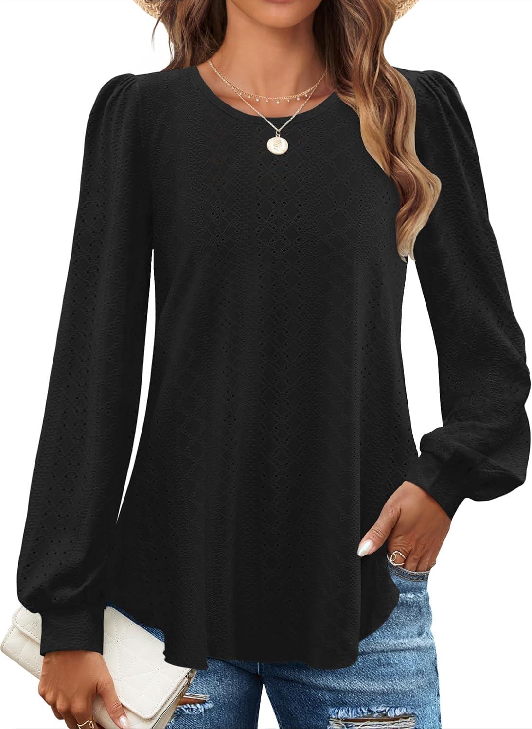 imageZESICA Long Sleeve Eyelet Tops for Womens Crew Neck Spring Shirts Casual Loose Blouses 2026 Trendy ClothesBlack