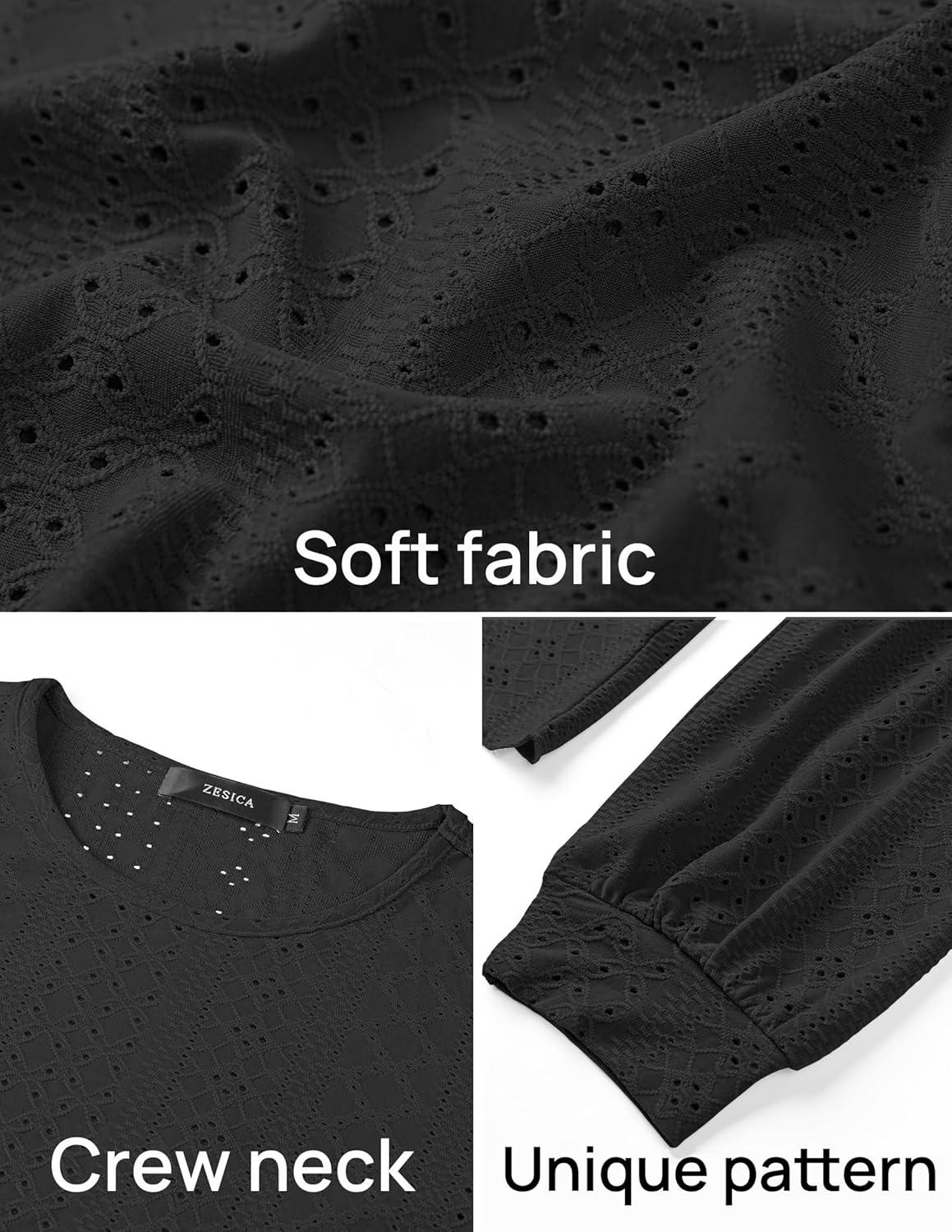 imageZESICA Long Sleeve Eyelet Tops for Womens Crew Neck Spring Shirts Casual Loose Blouses 2026 Trendy ClothesBlack