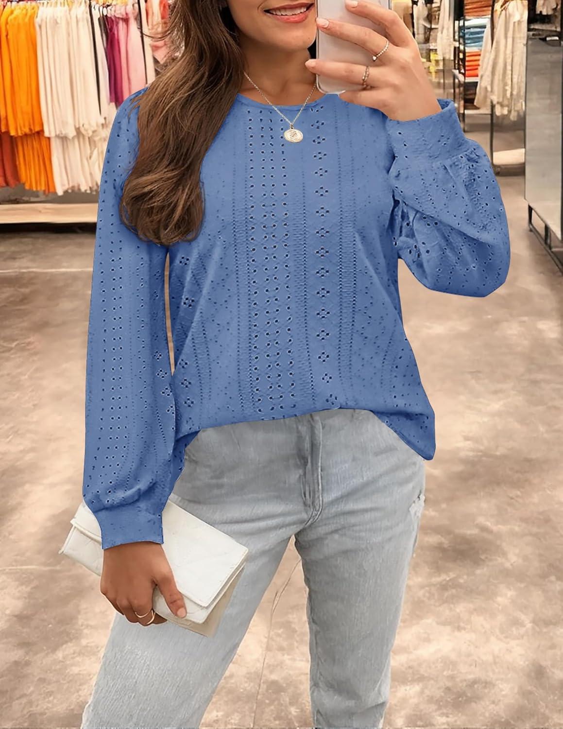 imageZESICA Long Sleeve Eyelet Tops for Womens Crew Neck Spring Shirts Casual Loose Blouses 2026 Trendy ClothesBlue