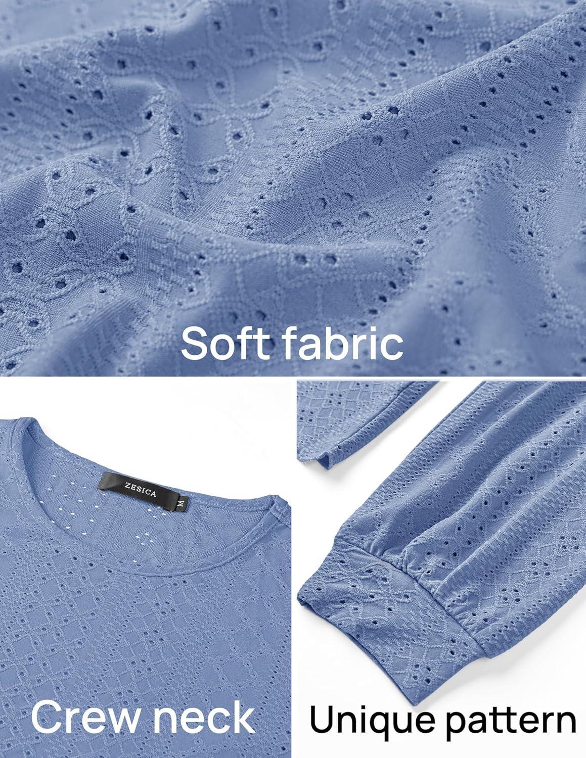 imageZESICA Long Sleeve Eyelet Tops for Womens Crew Neck Spring Shirts Casual Loose Blouses 2026 Trendy ClothesBlue