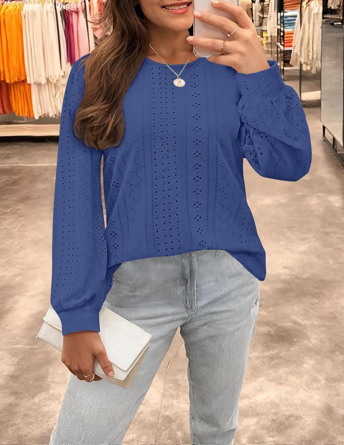 imageZESICA Long Sleeve Eyelet Tops for Womens Crew Neck Spring Shirts Casual Loose Blouses 2026 Trendy ClothesDarkblue