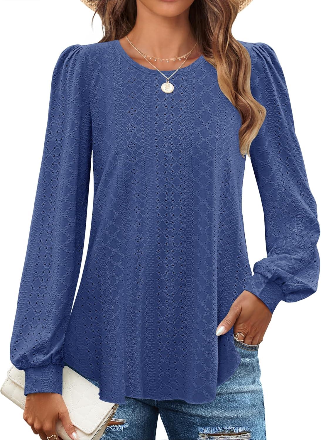 imageZESICA Long Sleeve Eyelet Tops for Womens Crew Neck Spring Shirts Casual Loose Blouses 2026 Trendy ClothesDarkblue