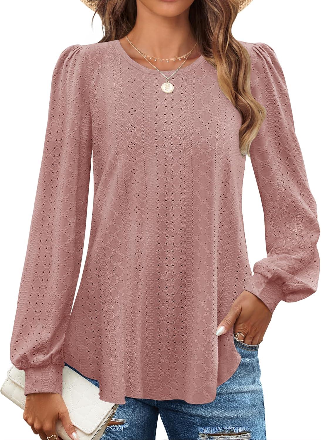 imageZESICA Long Sleeve Eyelet Tops for Womens Crew Neck Spring Shirts Casual Loose Blouses 2026 Trendy ClothesDusty Pink