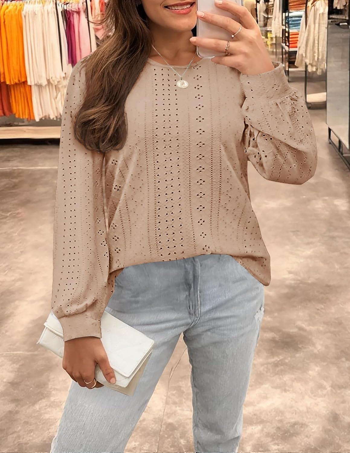 imageZESICA Long Sleeve Eyelet Tops for Womens Crew Neck Spring Shirts Casual Loose Blouses 2026 Trendy ClothesKhaki
