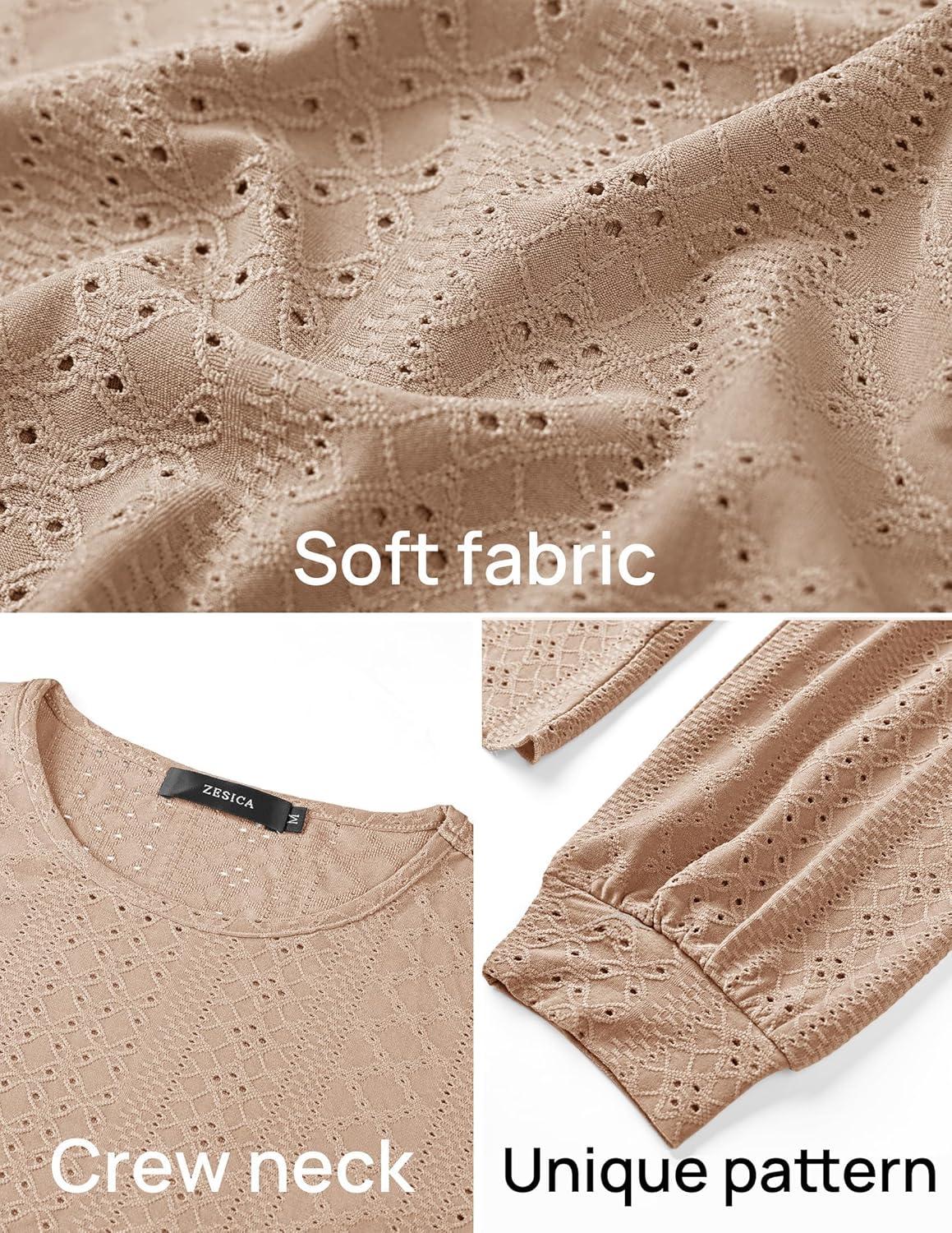 imageZESICA Long Sleeve Eyelet Tops for Womens Crew Neck Spring Shirts Casual Loose Blouses 2026 Trendy ClothesKhaki