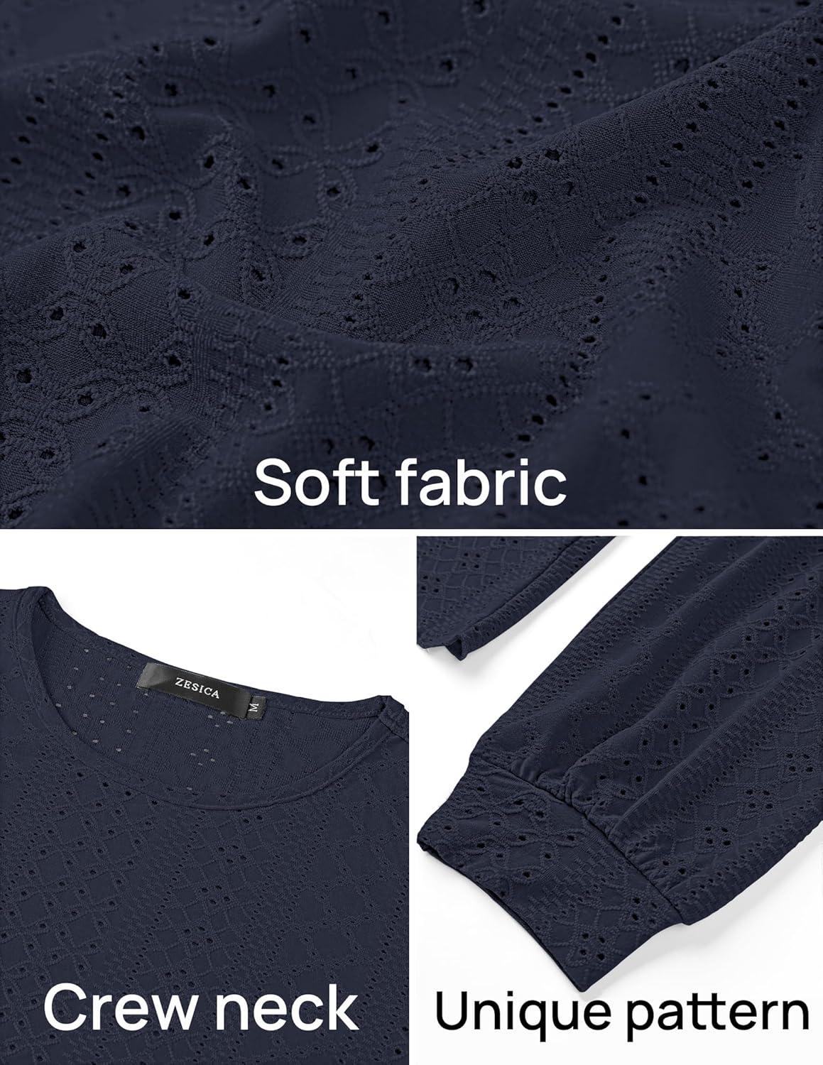 imageZESICA Long Sleeve Eyelet Tops for Womens Crew Neck Spring Shirts Casual Loose Blouses 2026 Trendy ClothesNavy