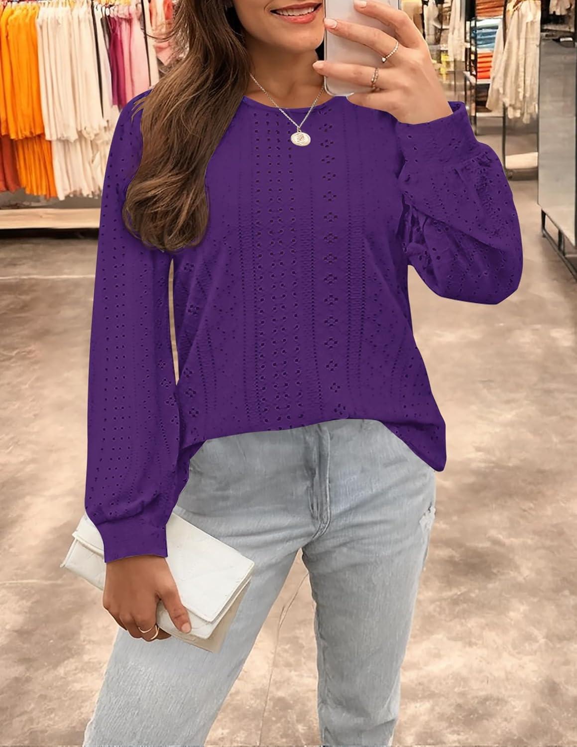 imageZESICA Long Sleeve Eyelet Tops for Womens Crew Neck Spring Shirts Casual Loose Blouses 2026 Trendy ClothesPurple