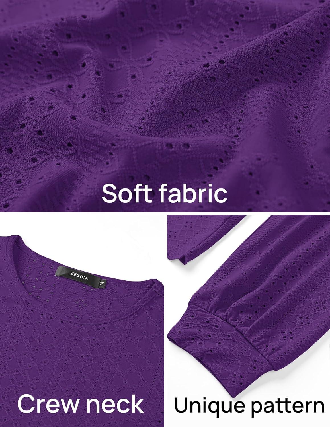 imageZESICA Long Sleeve Eyelet Tops for Womens Crew Neck Spring Shirts Casual Loose Blouses 2026 Trendy ClothesPurple