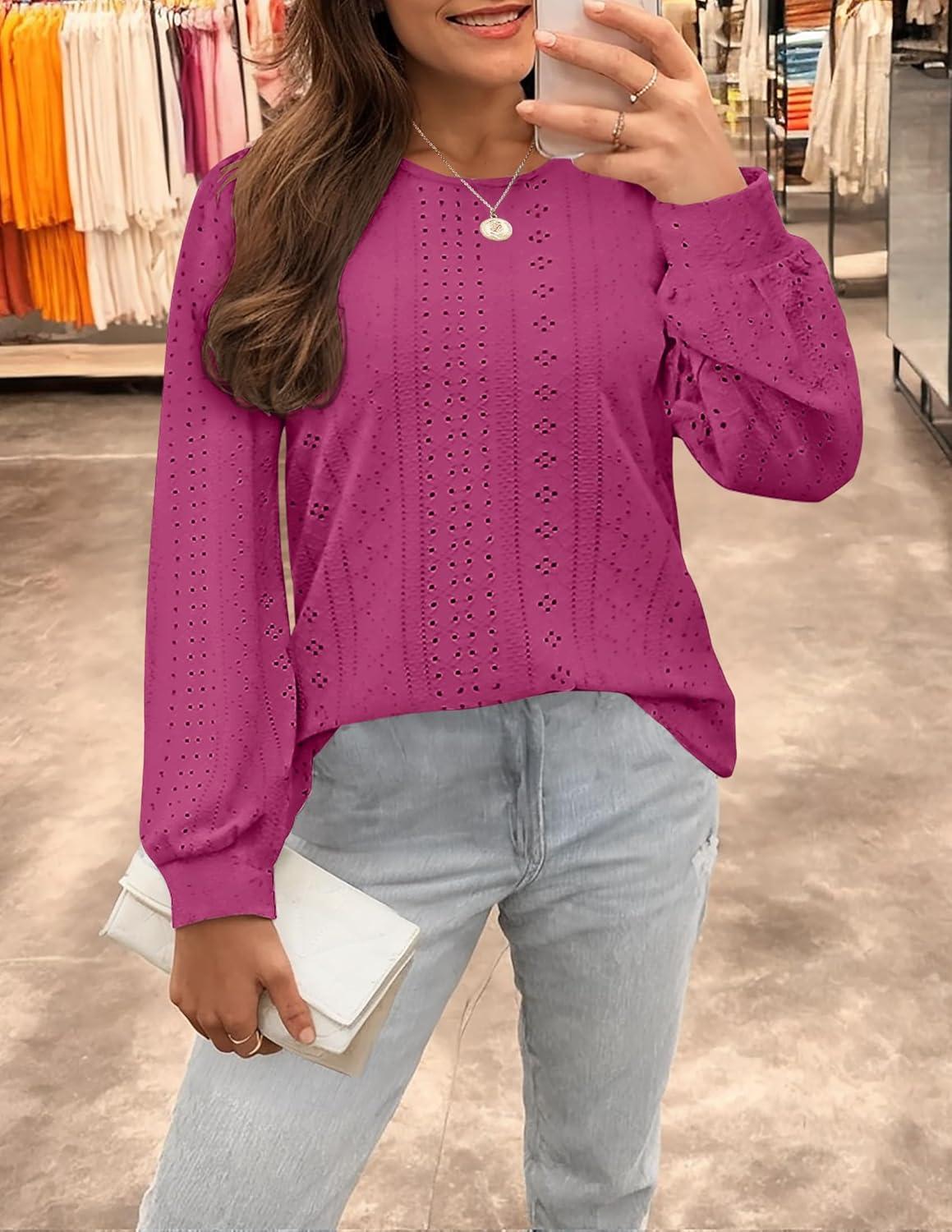 imageZESICA Long Sleeve Eyelet Tops for Womens Crew Neck Spring Shirts Casual Loose Blouses 2026 Trendy ClothesRosered