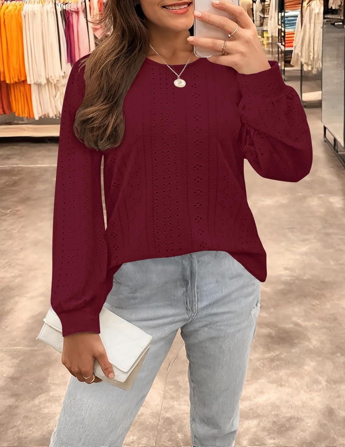 imageZESICA Long Sleeve Eyelet Tops for Womens Crew Neck Spring Shirts Casual Loose Blouses 2026 Trendy ClothesWine