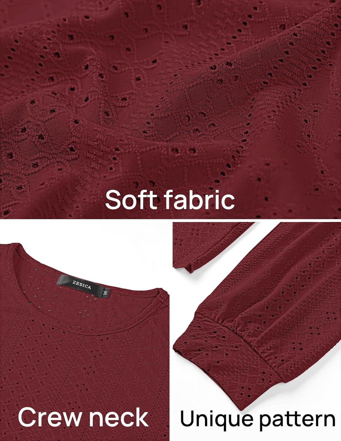 imageZESICA Long Sleeve Eyelet Tops for Womens Crew Neck Spring Shirts Casual Loose Blouses 2026 Trendy ClothesWine